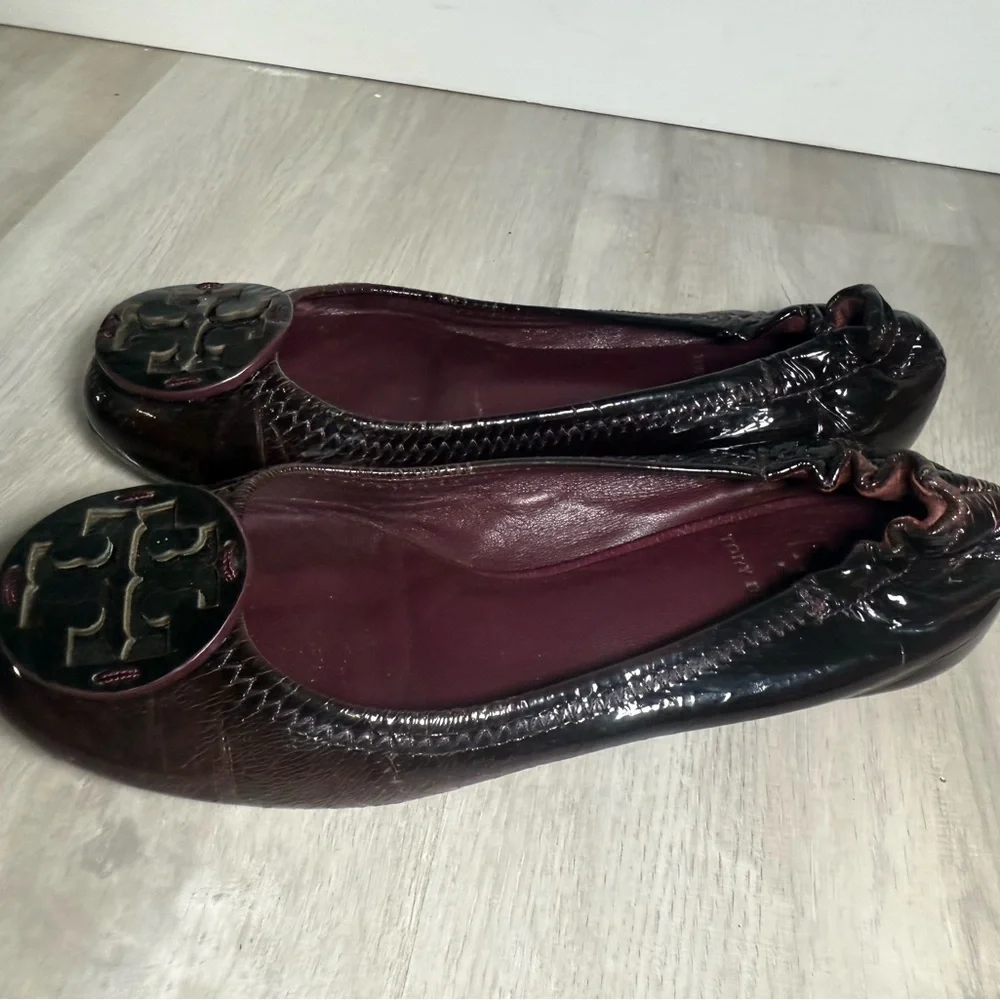 Tory Burch Womens Brown Patent Leather Snake Embossed Ballet Flats Shoes sz 5